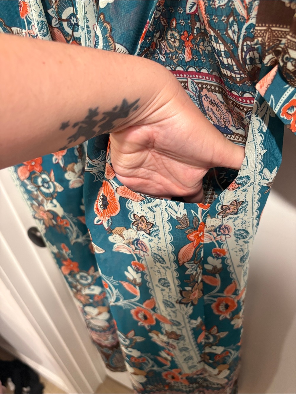 Umgee Teal Floral Boho Maxi Kimono Duster Size Medium - Picture 11 of 12